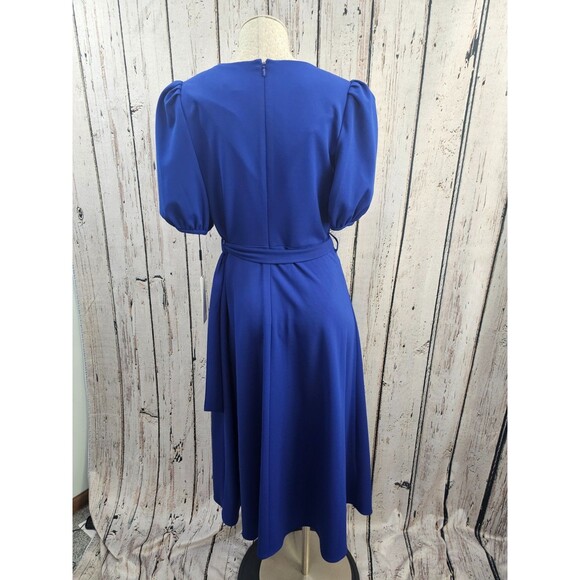 ALK Women's 10 Calvin Klein Blue Puff Sleeve Tie Waist Midi Length V-Neck Dress - Picture 3 of 7